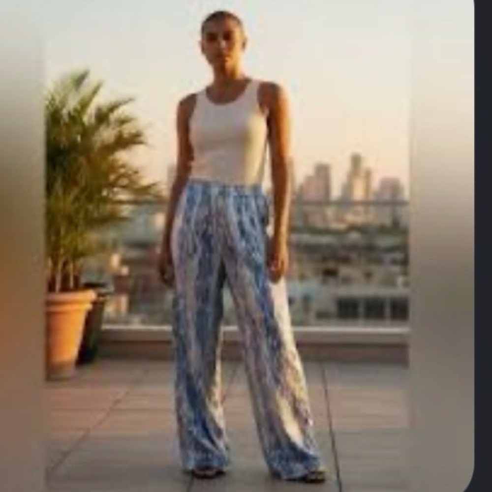 Free People Blue Patterned Wide-Leg Trousers sz 8